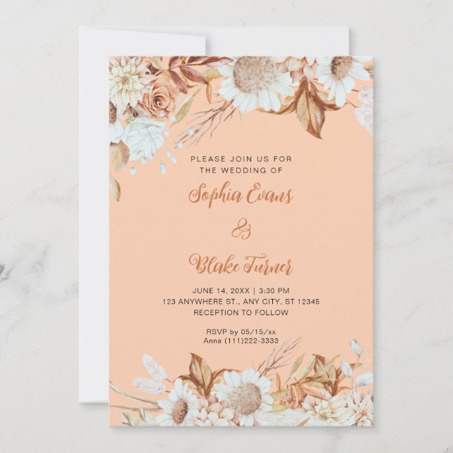 Convite Casamento Laranja Boho Flores Brancas Marrom Rústi (Frente)