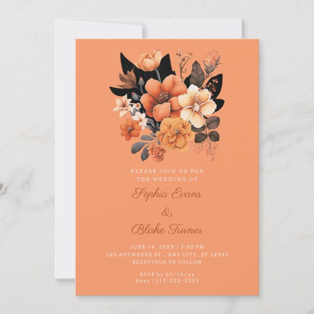 Convite Casamento Laranja bonito de Buquê Floral Queda (Frente)