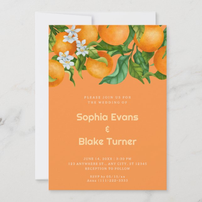 Convite Casamento Laranja Botânico de Laranja Tropical De  (Frente)