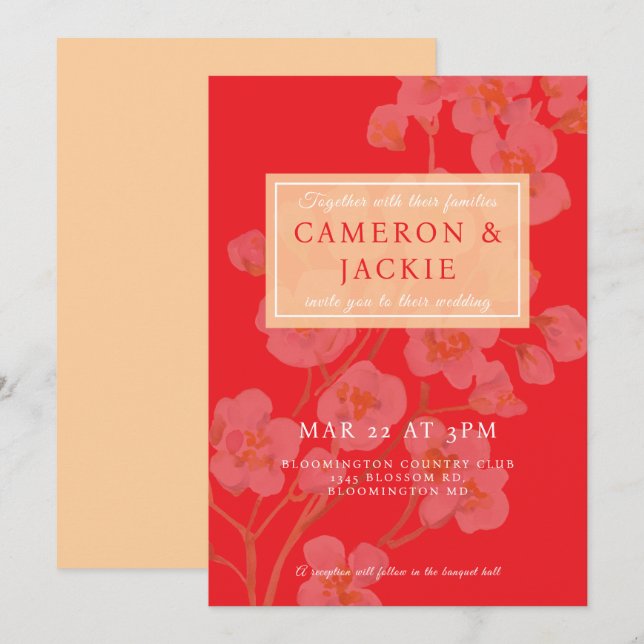 Convite Casamento Laranja de Cerejeira Chinesa (Frente/Verso)