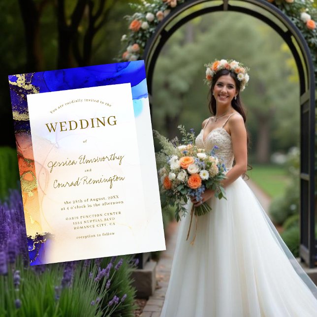 Convite Casamento Laranja Dourado Azul-Espiro Vibrante (Vibrant Sapphire Blue Gold Orange Wedding Invitation. Model is AI Gen.)