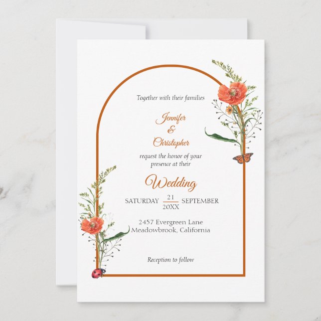 Convite Casamento Laranja Flor Silvestre Arco Boho (Frente)