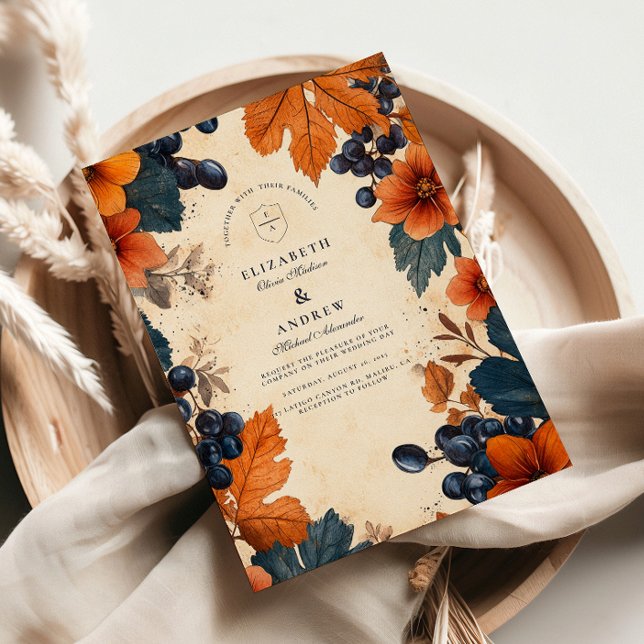 Convite Casamento Laranja Queimada e Bagas Navy (Criador carregado)