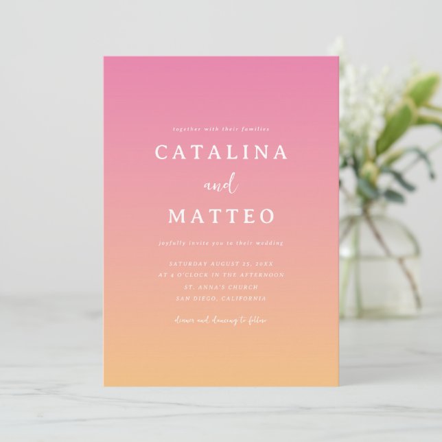 Convite Casamento Laranja Rosa de Verão Tropical (Em pé/Frente)