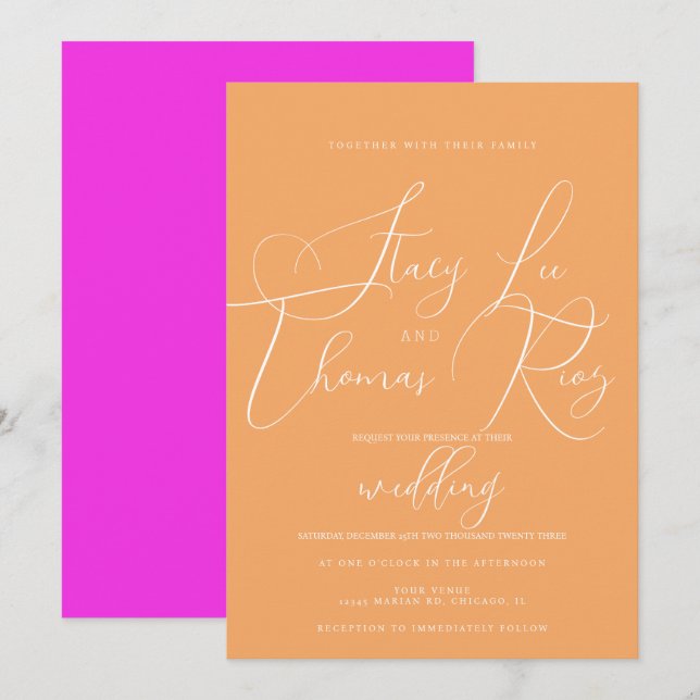 Convite Casamento Laranja Rosa Moderno Brilhante  Script B (Frente/Verso)