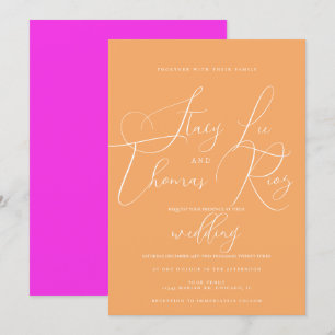 Convite Casamento Laranja Rosa Moderno Brilhante  Script B