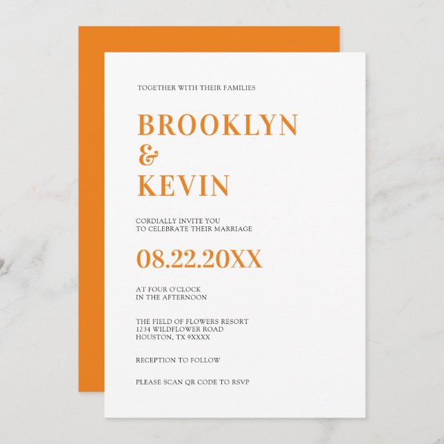 Convite Casamento Laranja Simples e Moderno Minimalista |  (Frente/Verso)