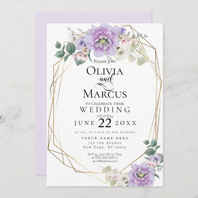 Convite Casamento | Lavanda Aquarela Geométrica Floral (Frente/Verso)