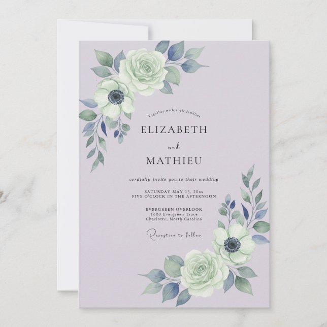 Convite Casamento Lavanda Ardósia Ranunculus Salvia (Frente)