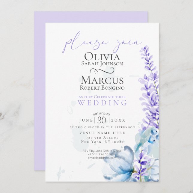 Convite Casamento | Lavanda de aquarelas - Florestas azuis (Frente/Verso)