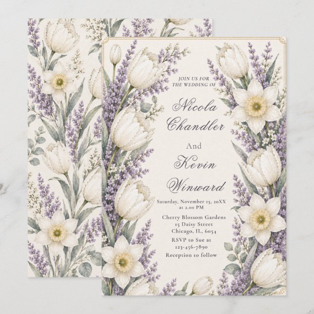 Convite Casamento Lavanda e Marfim (Frente/Verso)