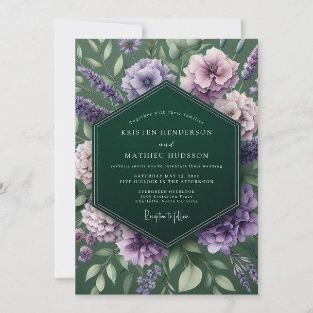 Convite Casamento Lavanda Esmeralda Temperamental (Frente)