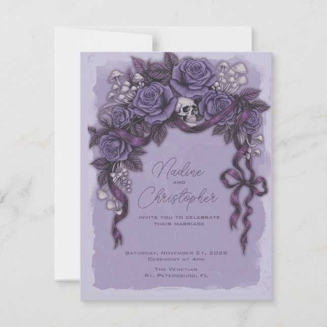 Convite Casamento Lavanda Gótico, Caveira e Rosas (Frente)