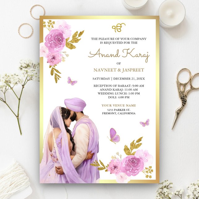Convite Casamento lavanda Purple Floral Anand Karaj Sikh (Criador carregado)