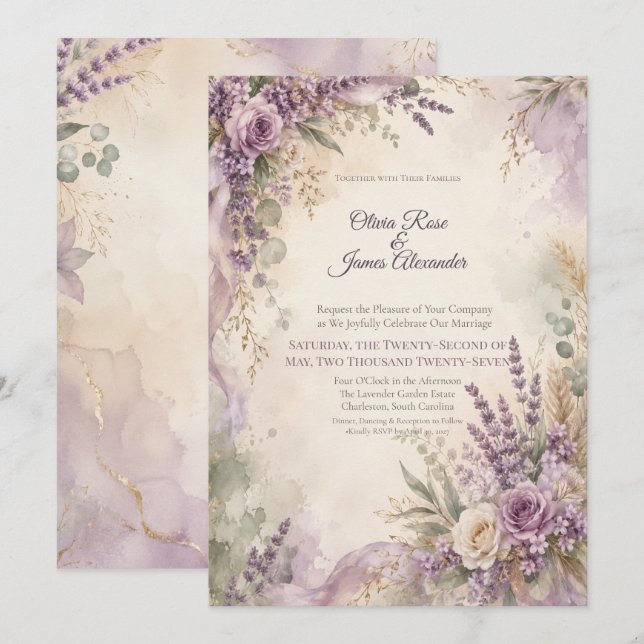 Convite Casamento Lavanda Salvia | Rústico Boho Chic (Frente/Verso)