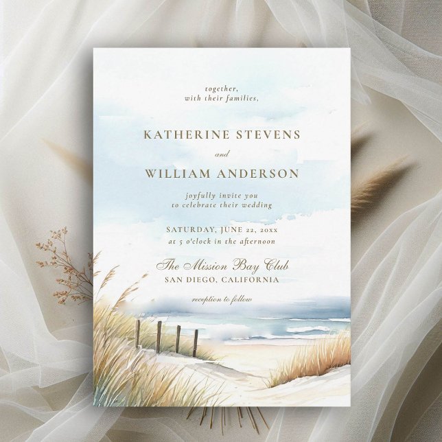 Convite Casamento Legante De Arte De Grama Do Oceano De Ce (wild beach wedding invitation dreamy watercolor ocean fence grass nature formal modern classic)