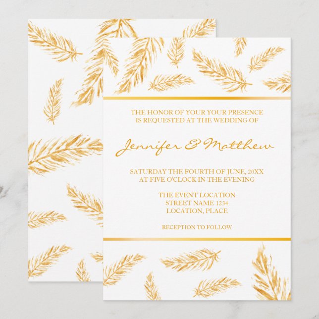 Convite Casamento Legante de Penas de Cor Amarela Ouro Fau (Frente/Verso)
