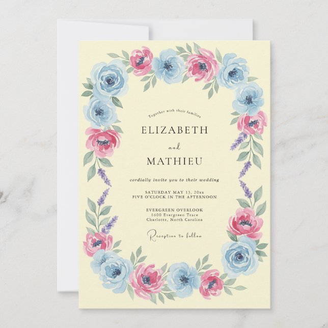 Convite Casamento Leve Azul Caprichoso de Primavera (Frente)