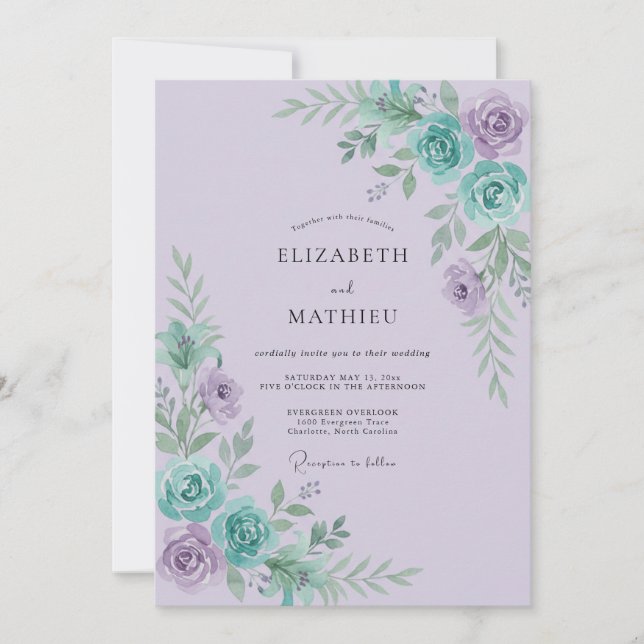 Convite Casamento Lilac Aqua Ranunculus Sage (Frente)