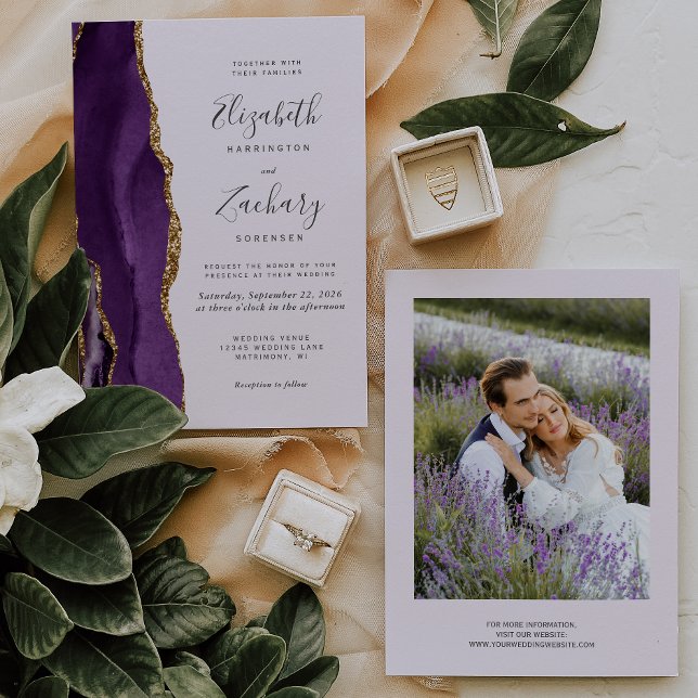 Convite Casamento Lilás Ágata Dourada Foto Moderna (Criador carregado)