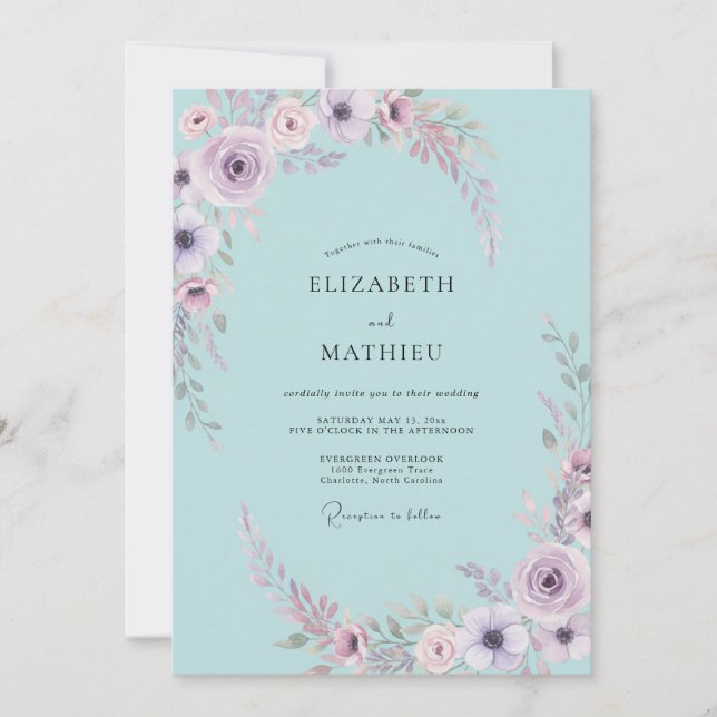 Convite Casamento Lilás Água-Ranúnculo Eucalipto (Frente)