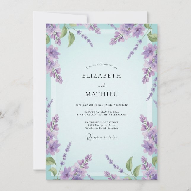 Convite Casamento Lilás Aquático de Wisteria (Frente)