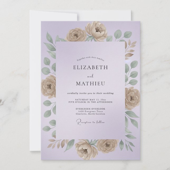 Convite Casamento Lilás Champanhe Ranunculus Eucalipto (Frente)