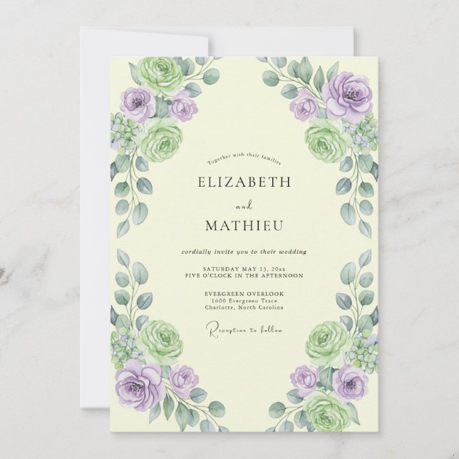 Convite Casamento Lilás Creme Antigo Ranunculus Eucalipto (Frente)