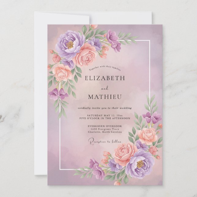 Convite Casamento Lilás Damasco Ranunculus Eucalipto Cinza (Frente)