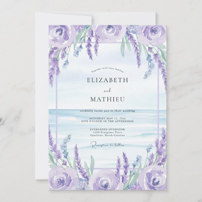 Convite Casamento Lilás de Wisteria à Beira-Mar (Frente)