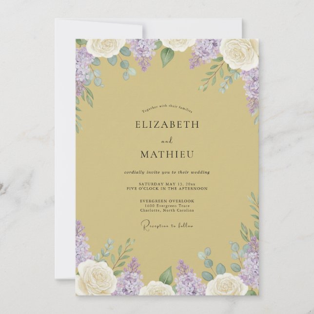 Convite Casamento Lilás Dourado Wisteria (Frente)