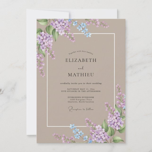 Convite Casamento Lilás Elegante Taupe (Frente)