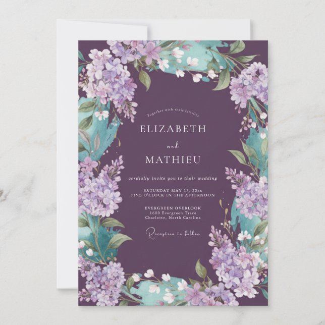 Convite Casamento Lilás Eucalipto Teal Ameixa (Frente)