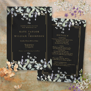 Convite Casamento Lilás Floral Preto e Dourado Tudo em Um