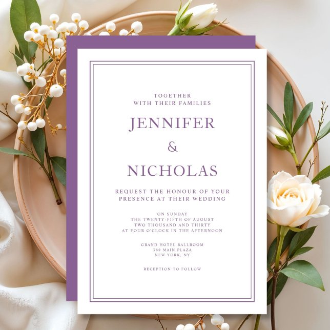 Convite Casamento Lilás Francês Formal Clássico Elegante (Elegant Classic Formal French Lilac Wedding Invitation)