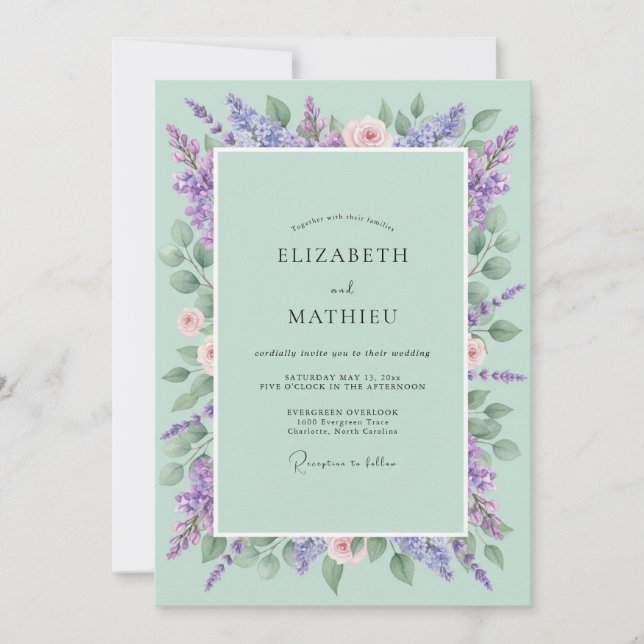 Convite Casamento Lilás Hortênsia Menta (Frente)