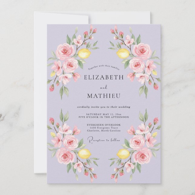 Convite Casamento Lilás Limão Cítrico Eucalipto (Frente)