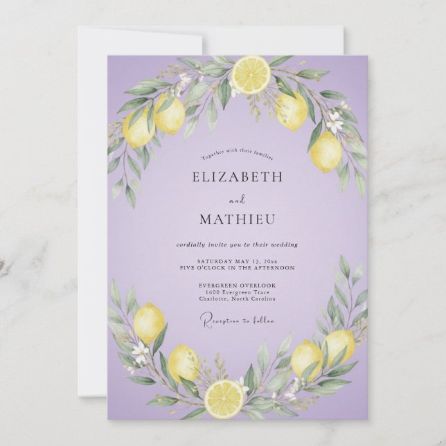 Convite Casamento Lilás Limão Cítrico Eucalipto Suave (Frente)