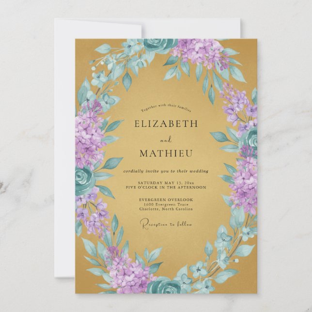 Convite Casamento Lilás Luxuoso Dourado (Frente)