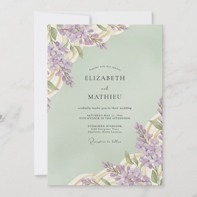 Convite Casamento Lilás Luxuriante Verde Salvia (Frente)