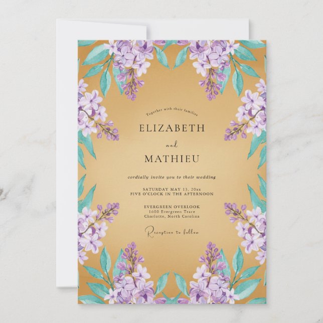 Convite Casamento Lilás Majestoso Dourado (Frente)