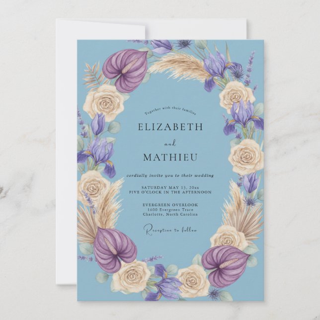 Convite Casamento Lilás Periwinkle Pampas Eucalipto (Frente)