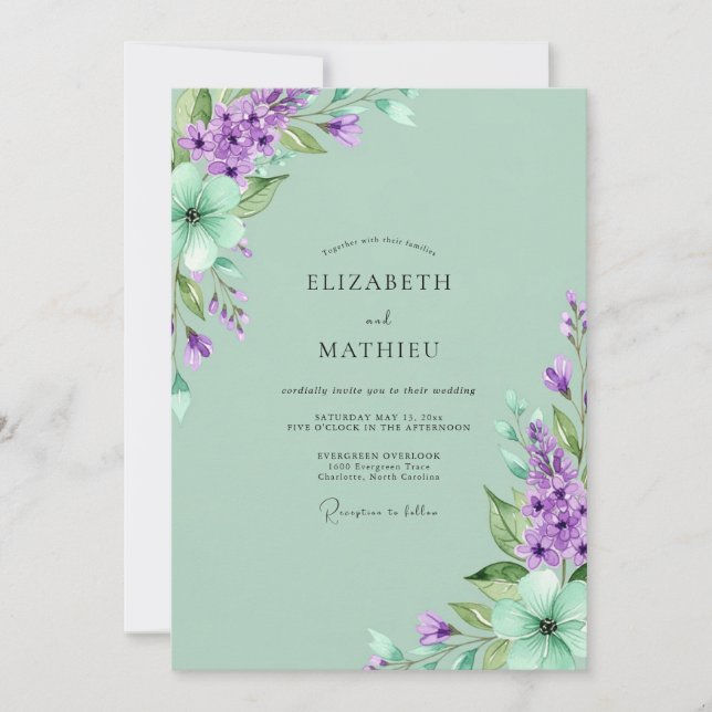 Convite Casamento Lilás Poético em Verde Menta (Frente)