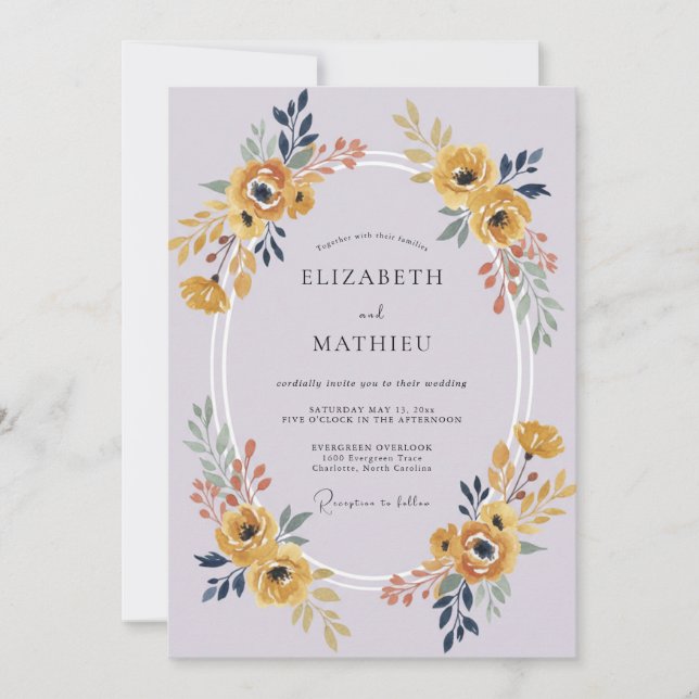 Convite Casamento Lilás Ranunculus Dourado Eucalipto (Frente)