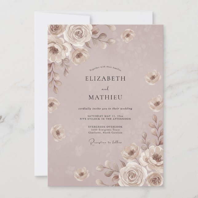 Convite Casamento Lilás Rosa Taupe Peônia (Frente)