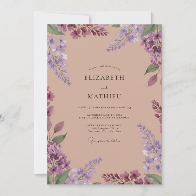 Convite Casamento Lilás Roxo Eucalipto Meadow Muted (Frente)