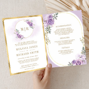 Convite Casamento Lilás Roxo Floral Dourado Tudo em Um