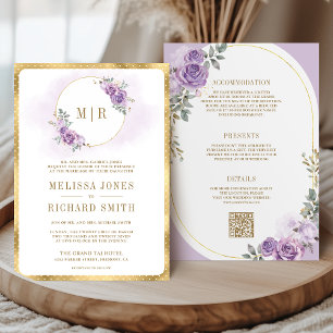 Convite Casamento Lilás Roxo Floral Dourado Tudo em Um