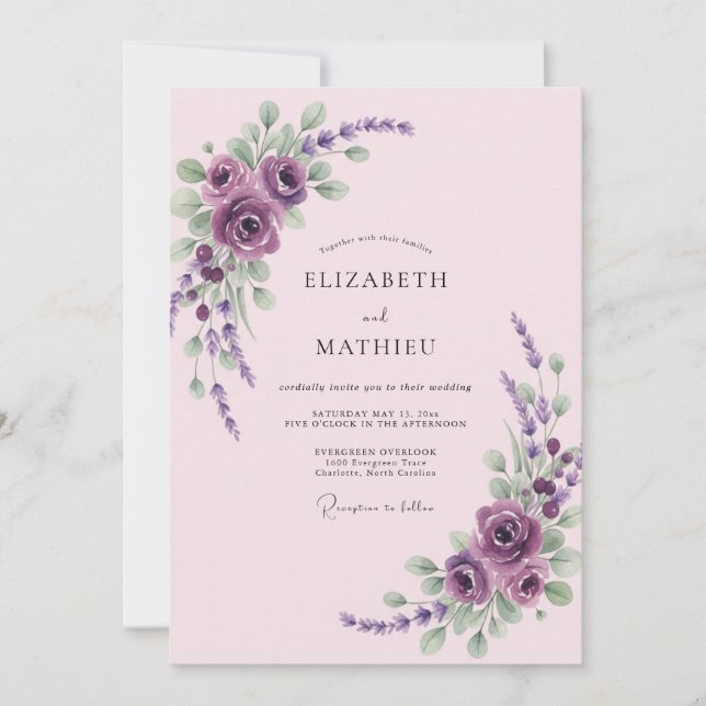 Convite Casamento Lilás Roxo Lavanda Eucalipto (Frente)