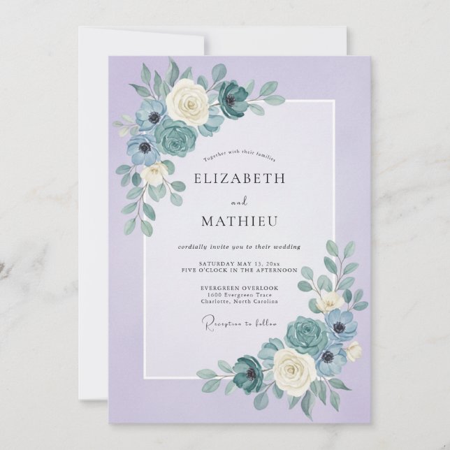 Convite Casamento Lilás Turquesa Ranunculus Eucalipto (Frente)